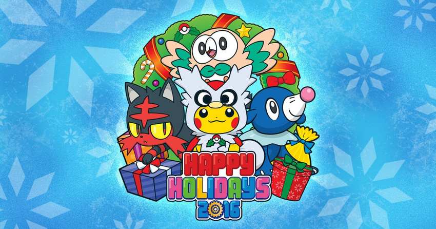 2016 christmas delibird holidays litten nintendo official_art pikachu pok&eacute;mon popplio rowlet snowflake video_games