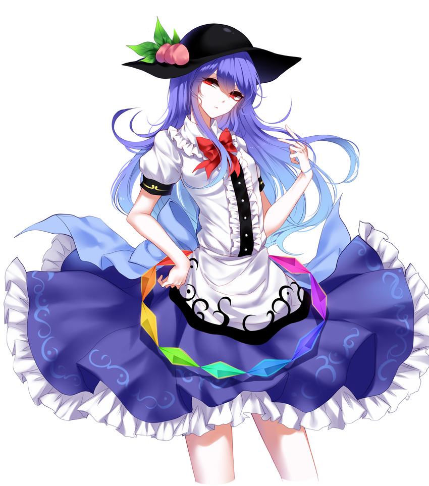 absurdres bad_id bad_pixiv_id black_hat blue_hair blue_skirt bow bowtie cowboy_shot cropped_legs food frilled_shirt frilled_shirt_collar frilled_skirt frills fruit hair_between_eyes hat hat_leaf head_tilt highres hinanawi_tenshi long_hair looking_at_viewer peach playing_with_own_hair puffy_short_sleeves puffy_sleeves rainbow_order red_bow red_eyes red_neckwear sheya shirt short_sleeves simple_background skirt solo touhou white_background white_shirt