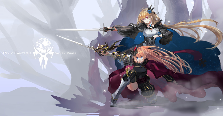 absurdres armor armored_boots black_gloves black_ribbon blonde_hair blue_eyes blue_flower boots copyright_name flower gloves hair_flower hair_ornament hair_ribbon highres holding holding_sword holding_weapon long_hair multiple_girls one_knee orange_hair pixiv_fantasia pixiv_fantasia_fallen_kings red_eyes red_flower ribbon sword tsubasa19900920 weapon