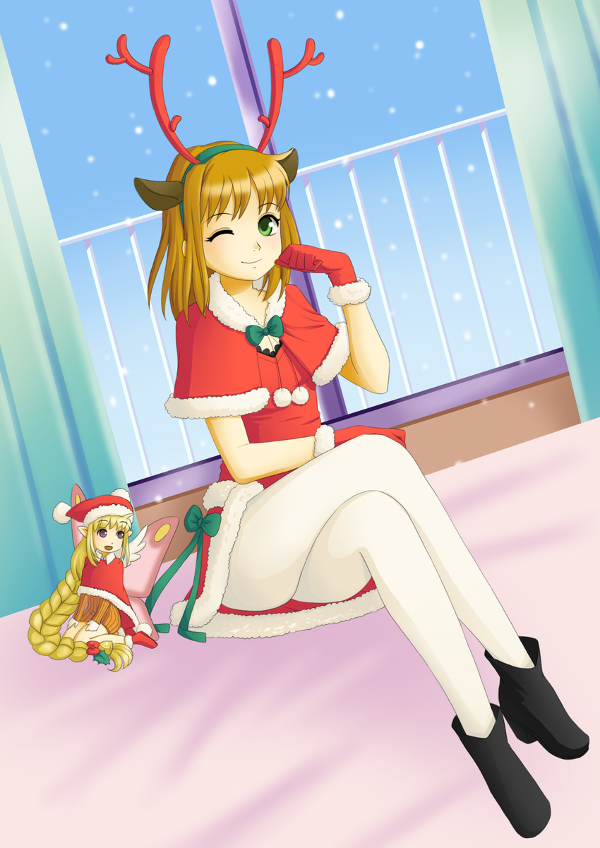 antlers blonde_hair boots christmas cornet_espoir dress fairy green_eyes hat highres jewelry kururu_(rhapsody) long_hair marl_kingdom multiple_girls nippon_ichi pantyhose red_hair rhapsody santa_costume short_hair smile sweater white_legwear wings winter winter_clothes