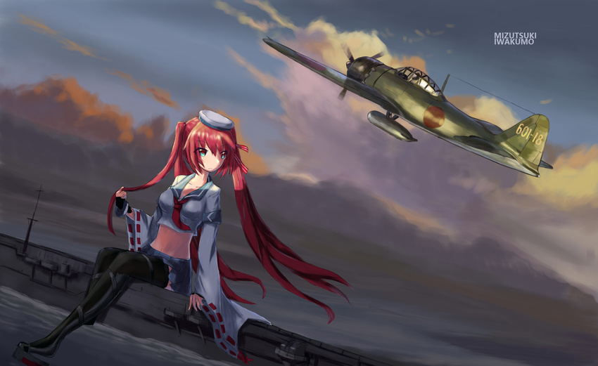 a6m_zero aircraft_carrier gloves green_eyes hat highres midriff military military_vehicle navel red_hair ship shuiyue_yanyun star star-shaped_pupils symbol-shaped_pupils taihou_(zhan_jian_shao_nyu) thighhighs twintails warship watercraft wide_sleeves zhan_jian_shao_nyu