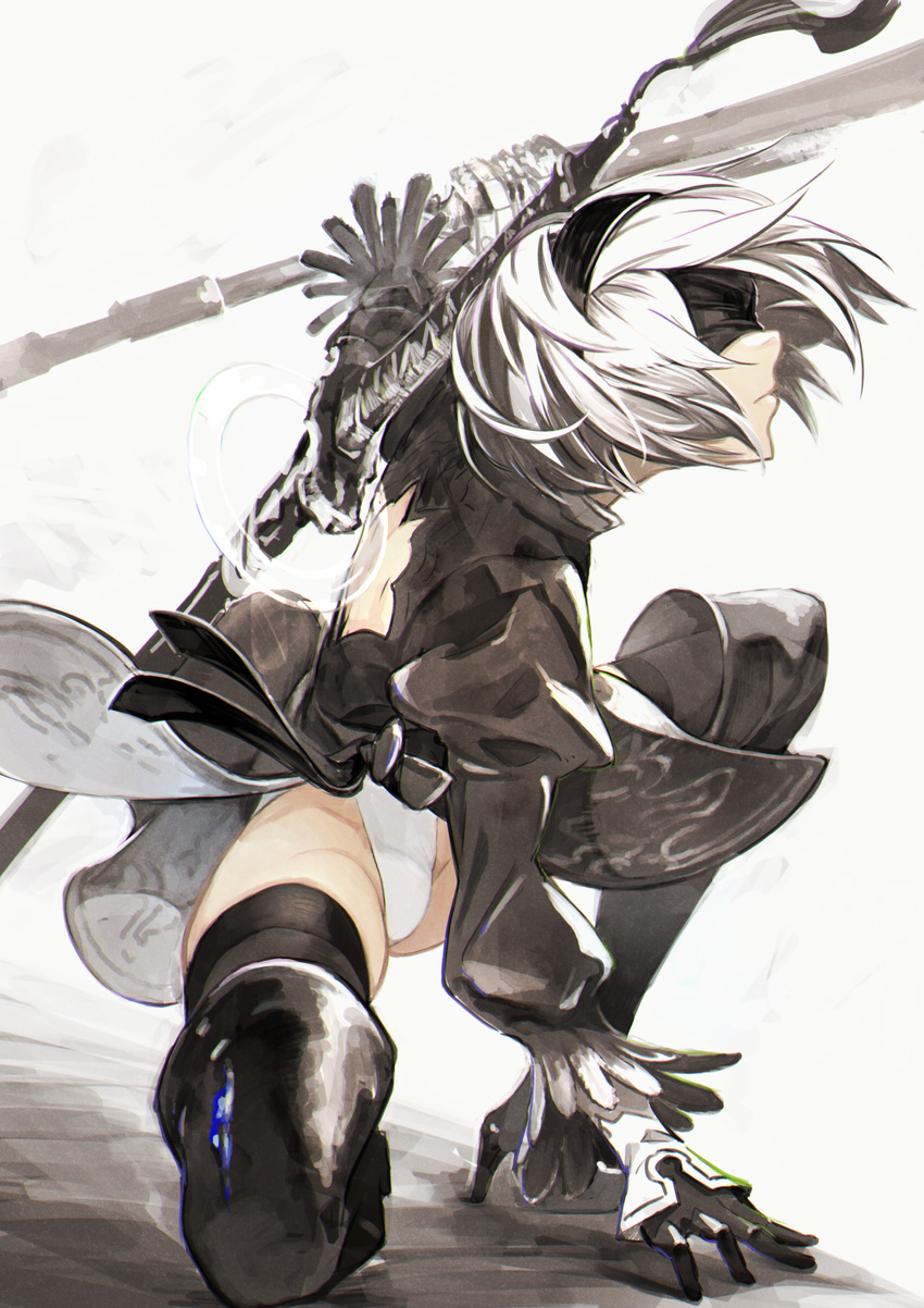 black_dress black_legwear blindfold boots commentary_request dress floating_hair gloves high_heel_boots high_heels highres holding holding_sword holding_weapon leotard long_sleeves md5_mismatch nier_(series) nier_automata one_knee panties short_hair skirt solo sword thigh_boots thighhighs thighs underwear weapon white_hair white_leotard yorha_no._2_type_b yunar