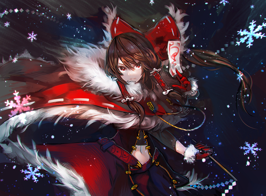 :| adapted_costume alternate_costume bangs bow brown_hair cape chromatic_aberration closed_mouth coat commentary_request cowboy_shot floating_hair fur-trimmed_cape fur-trimmed_gloves fur-trimmed_sleeves fur_trim gloves hair_bow hair_tubes hakurei_reimu highres kusakanmuri long_hair navel needle ofuda red_bow red_eyes red_gloves red_skirt serious skirt snowflakes snowing solo touhou v-shaped_eyebrows winter_clothes