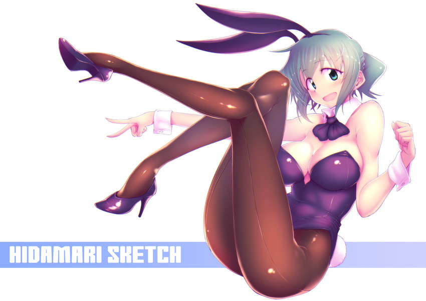 :d animal_ears bare_shoulders bow bowtie breasts bunny_ears bunny_girl bunny_tail bunnysuit cleavage commentary_request copyright_name detached_collar eyebrows_visible_through_hair fake_animal_ears fake_tail full_body green_eyes green_hair hairband hidamari_sketch high_heels highres kagami_uekusa large_breasts legs_up leotard long_legs nori open_mouth pantyhose purple_hairband purple_leotard short_hair short_twintails simple_background smile solo strapless strapless_leotard tail twintails v white_background wrist_cuffs