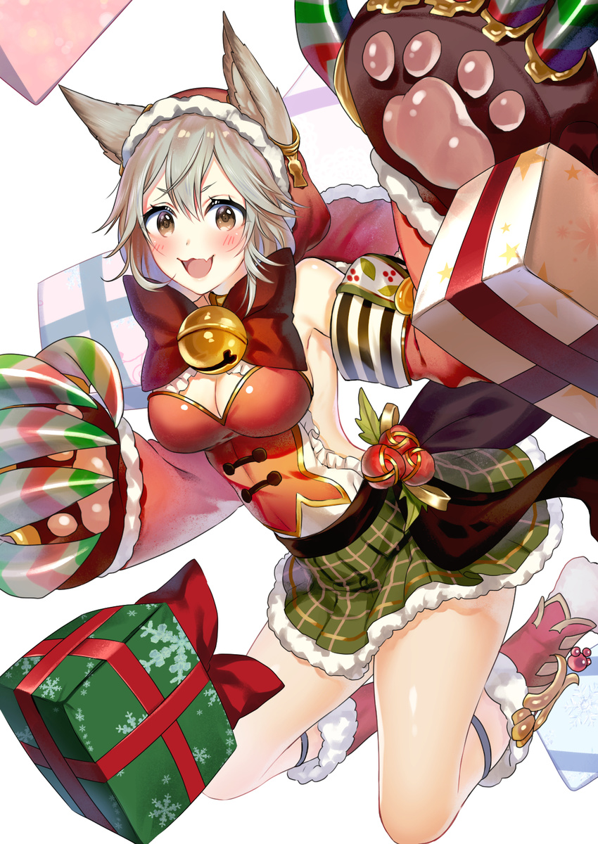 animal_ears bell bell_collar blush box breasts claw_(weapon) claws cleavage collar erune fang gift gift_box gloves granblue_fantasy hair_between_eyes highres large_breasts looking_at_viewer open_mouth red_eyes sen_(granblue_fantasy) shirako_sei silver_hair simple_background skirt smile solo weapon white_background