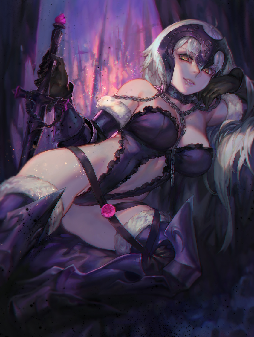 aoin bare_shoulders black_gloves blonde_hair breasts brown_eyes chain elbow_gloves fate/grand_order fate_(series) gloves highleg highleg_leotard highres jeanne_d'arc_(alter)_(fate) jeanne_d'arc_(fate)_(all) large_breasts legs leotard lips long_hair looking_at_viewer lying naughty_face on_side parted_lips solo sword thighs weapon