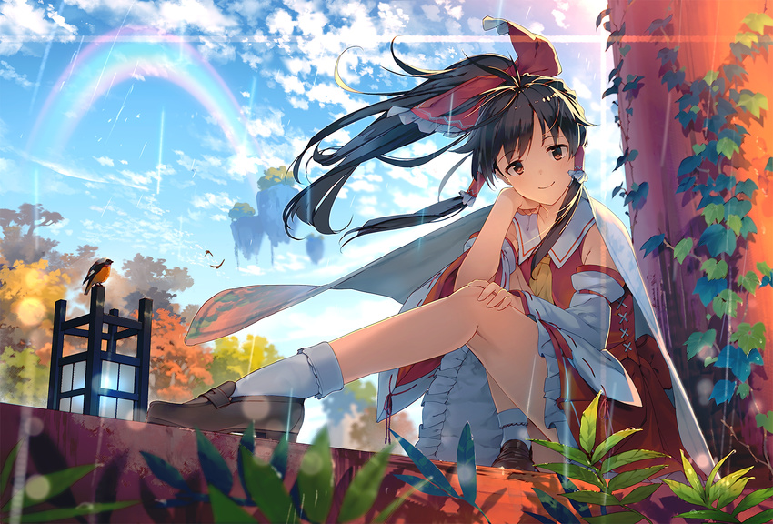 bad_id bad_pixiv_id bird black_hair blue_sky bow brown_eyes brown_footwear closed_mouth cloud cloudy_sky day detached_sleeves eho_(icbm) floating_hair floating_island hair_bow hakurei_reimu highres long_hair looking_at_viewer outdoors rainbow red_bow red_skirt ribbon-trimmed_sleeves ribbon_trim shoes skirt skirt_set sky smile socks solo torii touhou vest white_legwear wide_sleeves wind