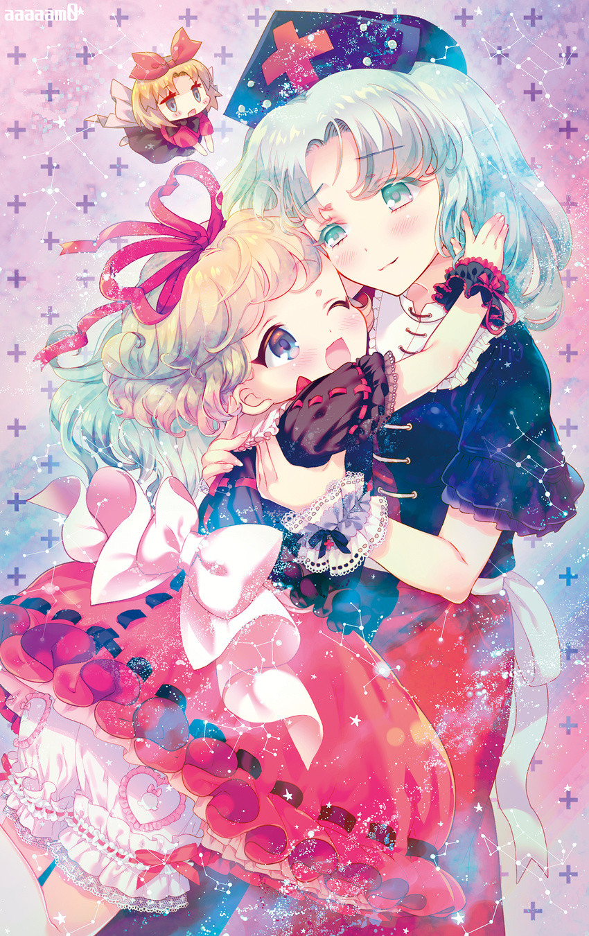 ;d amo blonde_hair bloomers blue_dress blue_eyes blush bow bubble_skirt constellation doll dress eye_contact eyebrows_visible_through_hair frilled_skirt frills hair_ribbon hat highres long_hair looking_at_another medicine_melancholy multicolored multicolored_clothes multicolored_dress multiple_girls nurse_cap one_eye_closed open_mouth red_cross red_dress red_ribbon red_skirt ribbon ribbon-trimmed_skirt ribbon-trimmed_sleeves ribbon_trim sash short_hair short_sleeves silver_hair skirt smile su-san touhou underwear very_long_hair white_bow wrist_cuffs yagokoro_eirin