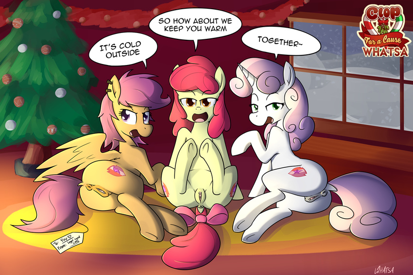 2016 anus apple_bloom_(mlp) butt christmas christmas_tree cutie_mark cutie_mark_crusaders_(mlp) english_text equine feathered_wings feathers female feral friendship_is_magic fur group hair holidays horn horse inside looking_at_viewer lying mammal multicolored_hair my_little_pony orange_feathers orange_fur pegasus presenting purple_hair pussy red_hair scootaloo_(mlp) snow sweetie_belle_(mlp) text tree unicorn whatsapokemon white_fur window wings winter yellow_fur