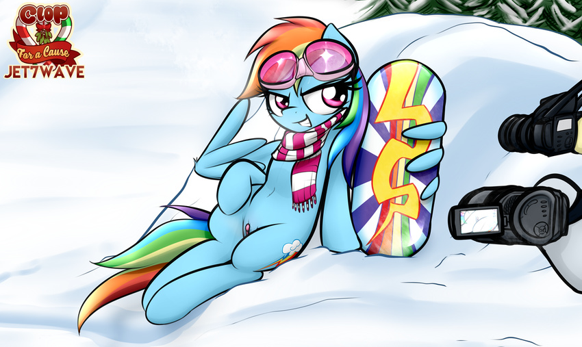 2016 blue_feathers blue_fur camera clitoris clothed clothing cutie_mark equine feathered_wings feathers female feral friendship_is_magic fur grin hair jetwave looking_at_viewer lying mammal multicolored_hair multicolored_tail my_little_pony on_back outside pegasus pussy rainbow_dash_(mlp) rainbow_hair rainbow_tail scarf snow snowboard solo tree wings winter