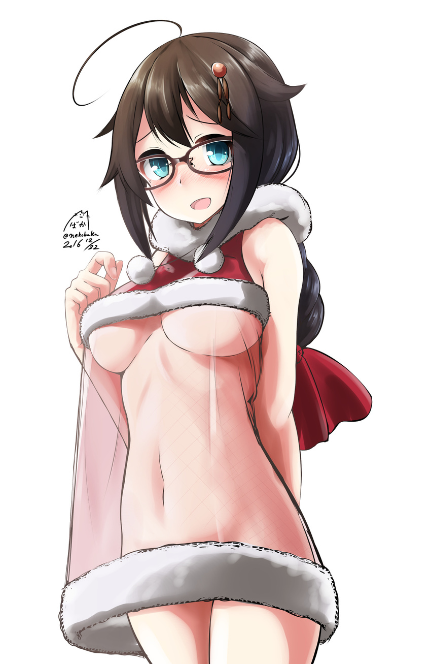 ahoge alternate_costume arm_behind_back artist_name bad_id bad_pixiv_id bare_shoulders blue_eyes blush braid breasts brown-framed_eyewear brown_hair commentary_request cowboy_shot dated dress fur_collar glasses hair_flaps hair_ornament hair_ribbon hairpin highres kantai_collection long_hair looking_at_viewer medium_breasts navel nekobaka pom_pom_(clothes) red_ribbon remodel_(kantai_collection) ribbon see-through shigure_(kantai_collection) single_braid sleeveless sleeveless_dress solo standing stomach tareme underboob
