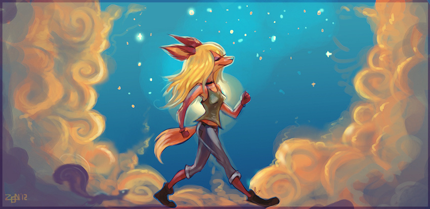 2012 anthro blonde_hair breasts canine clothed clothing eyes_closed female fox fur hair mammal night orange_fur outside sky smile solo standing star starry_sky zenirix