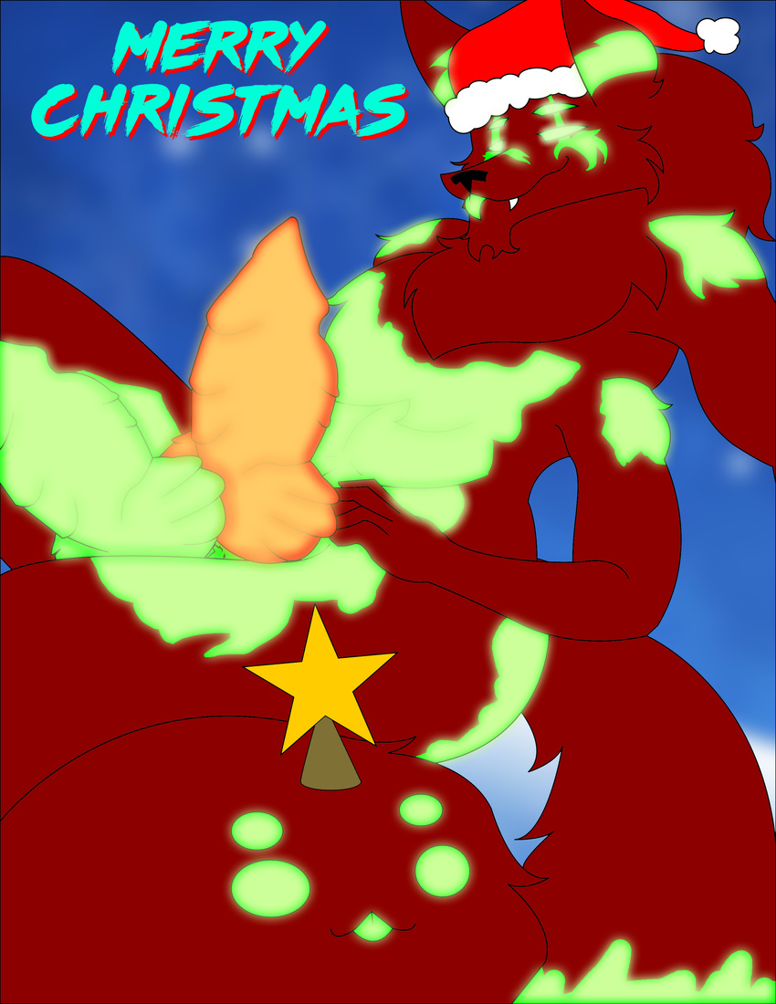 2016 4_arms alien animal_genitalia animal_penis anthro big_butt butt canine canine_penis christmas digital_media_(artwork) english_text erection fox fur glowing glowing_eyes hat holidays hybrid knot living_tail looking_at_viewer male mammal multi_arm multi_limb multi_penis nude penis redgreenfluffball santa_hat smile solo text tongue zach_snowfox