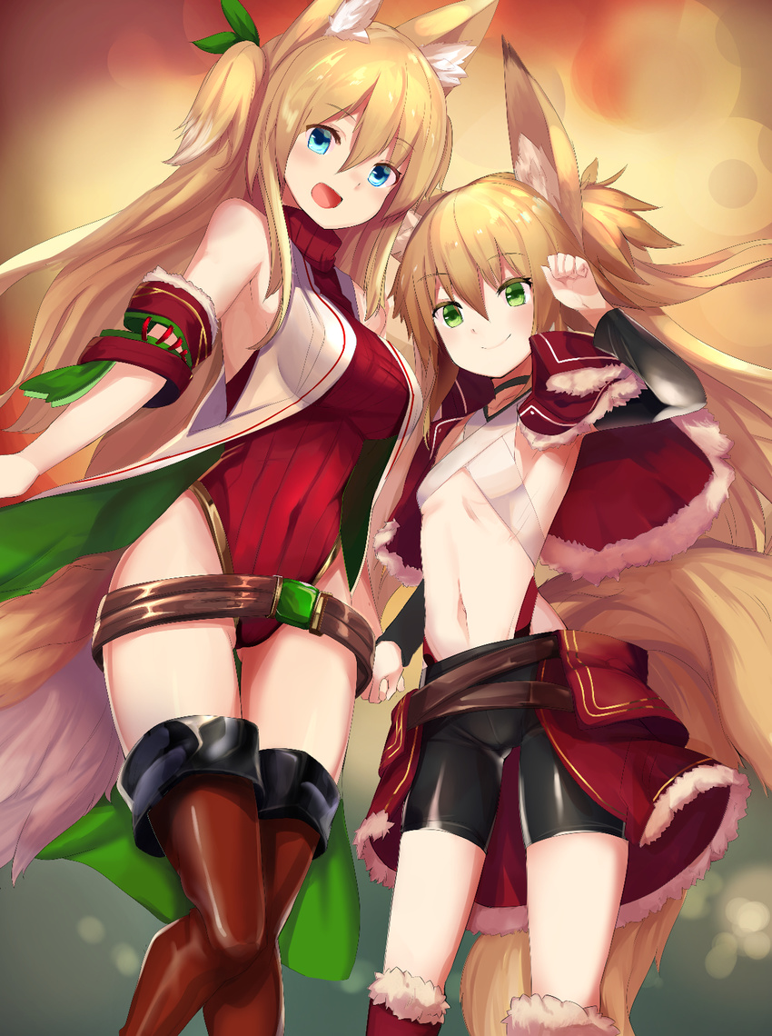 :d animal_ears bangs belt bike_shorts blonde_hair blue_eyes boots breasts capelet christmas commentary_request covered_navel detached_sleeves fox_ears fox_girl fox_tail fur-trimmed_boots fur_trim green_eyes haik hair_between_eyes hair_ornament highres hips kokonoe_hisagi kokonoe_tsubaki large_breasts leaf_hair_ornament leotard long_hair looking_at_viewer multiple_girls open_mouth original red_leotard ribbed_leotard sleeveless small_breasts smile standing tail thigh_boots thighhighs turtleneck two_side_up