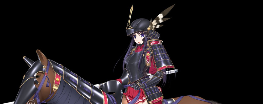 1girl armor character_name helm helmet highres horse komori_kei long_hair looking_at_viewer purple_eyes purple_hair ryuzouji_akane skirt solo spear thighhighs walkure_romanze weapon winged_helmet zettai_ryouiki