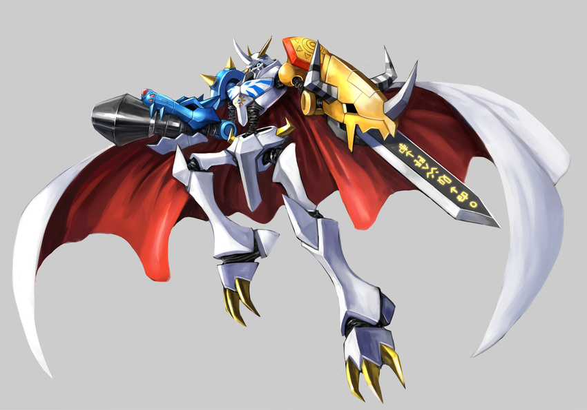 arm_cannon armor bandai blue_eyes cape claws digimon full_armor horns male_focus mecha monster no_humans omegamon royal_knights sword weapon