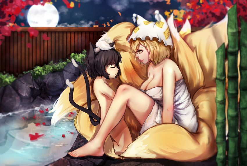 animal_ears autumn_leaves bamboo black_hair blonde_hair breasts bush cat_ears cat_tail chen cleavage closed_eyes cloud collarbone convenient_leg fence flat_chest fluffy fox_tail from_side full_moon hat highres large_breasts leaf looking_at_another moon moonlight multiple_girls multiple_tails naked_towel night night_sky nude on_head onsen pantie_painting parted_lips pillow_hat ripples rock short_hair sitting sitting_on_rock size_difference sky smile steam tail thighs touhou towel two_tails water wooden_fence yakumo_ran yellow_eyes |3