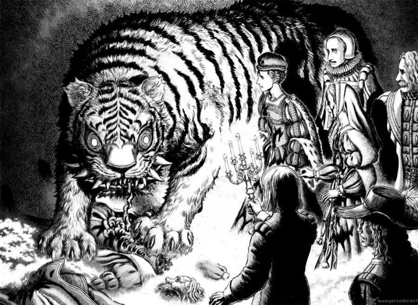 angry berserk candle candle_holder claws clothing decapitation disembowelment fangs feline female feral gore hair hat human kentaro_miura long_hair male mammal mauling monster pishaca_tiger possession sharp_teeth surprise teeth tiger