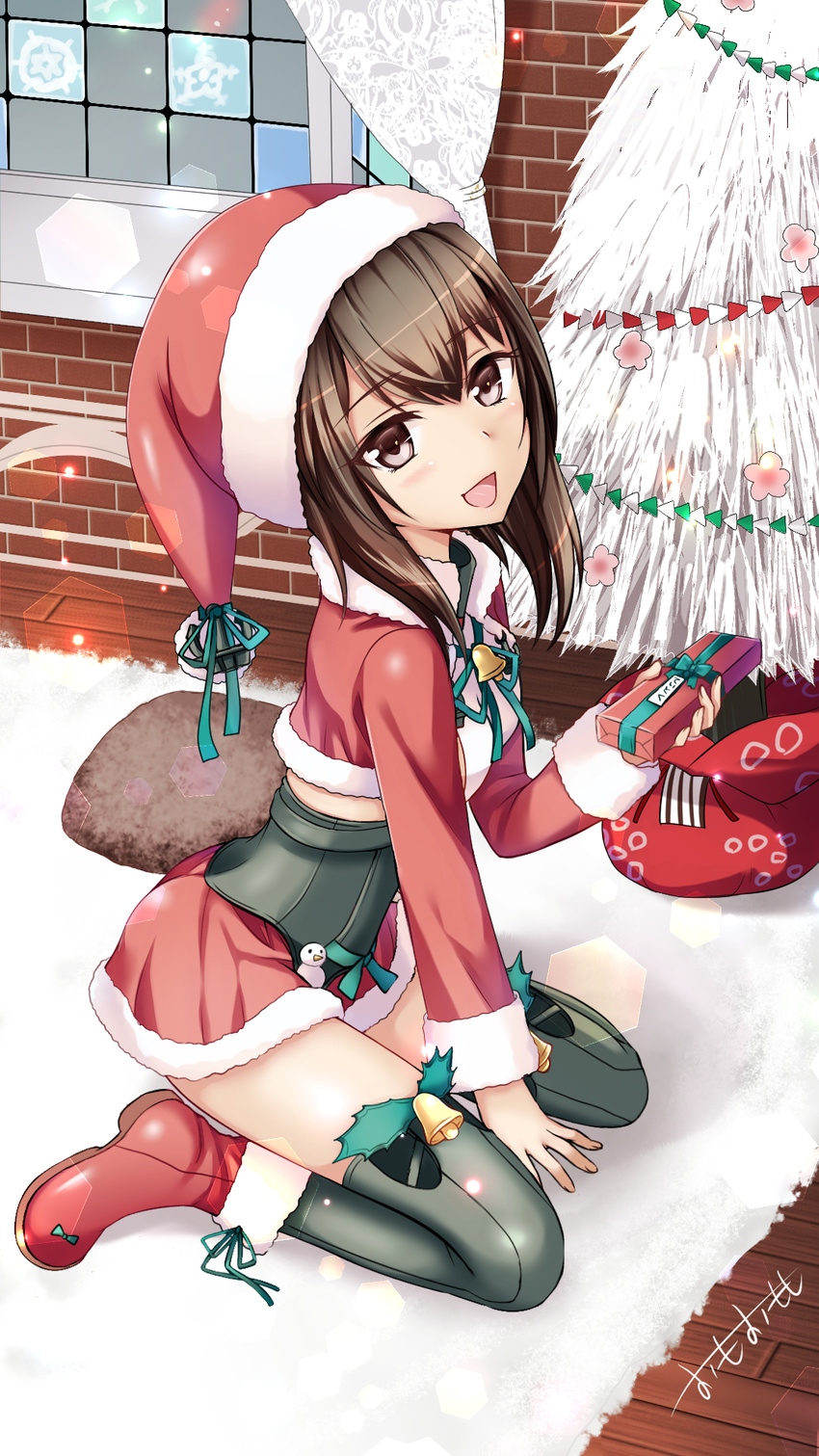 :d adapted_costume alternate_costume artist_name bangs blush brown_eyes brown_hair christmas christmas_tree commentary_request cropped_jacket dress gift hat hexagon highres holding holding_gift indoors kantai_collection lens_flare long_sleeves looking_at_viewer omoomomo open_mouth santa_costume santa_hat short_dress short_hair_with_long_locks signature sitting smile solo taihou_(kantai_collection) wariza wooden_floor