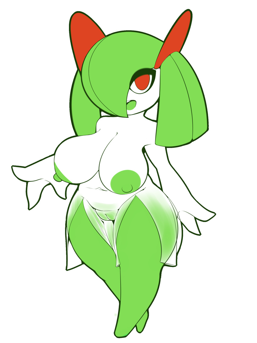 big_breasts breasts female green_hair hair kirlia nintendo nipples open_mouth plantpenetrator pok&eacute;mon pok&eacute;morph pussy red_eyes short_stack simple_background solo video_games white_background