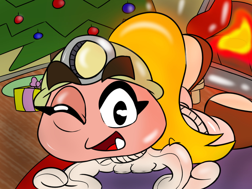 2016 armor blonde_hair bottomless breasts butt christmas christmas_tree clothed clothing fangs female gift goomba goombella hair hat helmet holidays looking_at_viewer mario_bros nintendo not_furry open_mouth paper_mario ponytail smile sweater teeth thunderfap tongue tree video_games