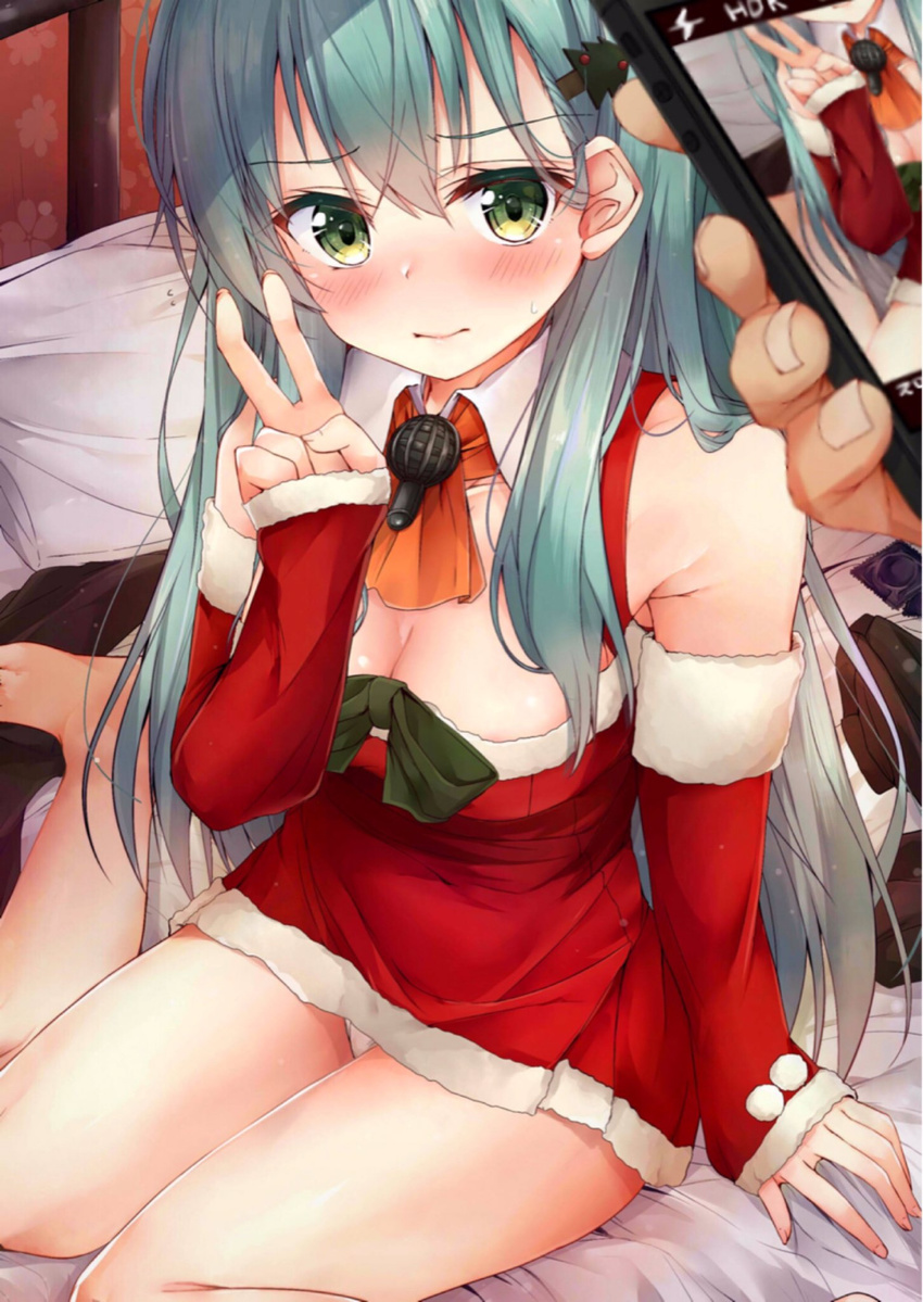 alternate_costume aqua_hair arm_warmers bare_shoulders breasts cellphone christmas christmas_tree_hair_ornament cleavage condom detached_collar embarrassed eyebrows_visible_through_hair filming green_eyes hair_between_eyes hair_ornament highres kantai_collection long_hair medium_breasts on_bed out_of_frame panties pantyshot pantyshot_(sitting) phone rouka_(akatyann) sitting sleeves_past_wrists smartphone solo_focus suzuya_(kantai_collection) underwear v wariza