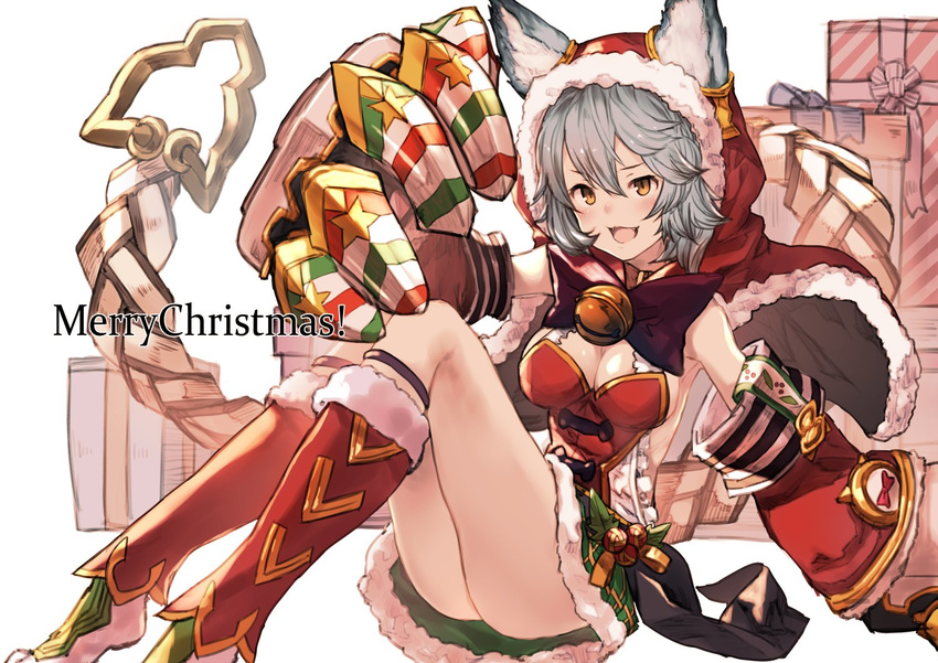 animal_ears bell boots bow cat_ears christmas claw_(weapon) detached_sleeves ears_through_headwear erune fur_trim granblue_fantasy hood merry_christmas open_mouth santa_boots santa_costume sen_(granblue_fantasy) sitting skirt solo stole weapon yoo_(tabi_no_shiori)