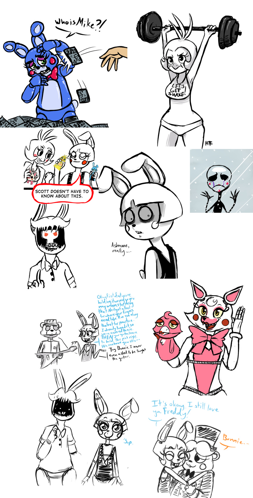 2015 animatronic anthro avian barbell bear bib bird bonnie_(fnaf) canine chicken dialogue english_text female five_nights_at_freddy's five_nights_at_freddy's_2 fox group guitar hand_puppet hat hug human humanoid inkyfrog jeremy_fitzgerald lagomorph looking_at_viewer machine male mammal mangle_(fnaf) marionette_(fnaf) mask middle_finger musical_instrument puppet rabbit robot simple_background text throwing top_hat toy_bonnie_(fnaf) toy_chica_(fnaf) toy_freddy_(fnaf) video_games weights white_background withered_bonnie_(fnaf)