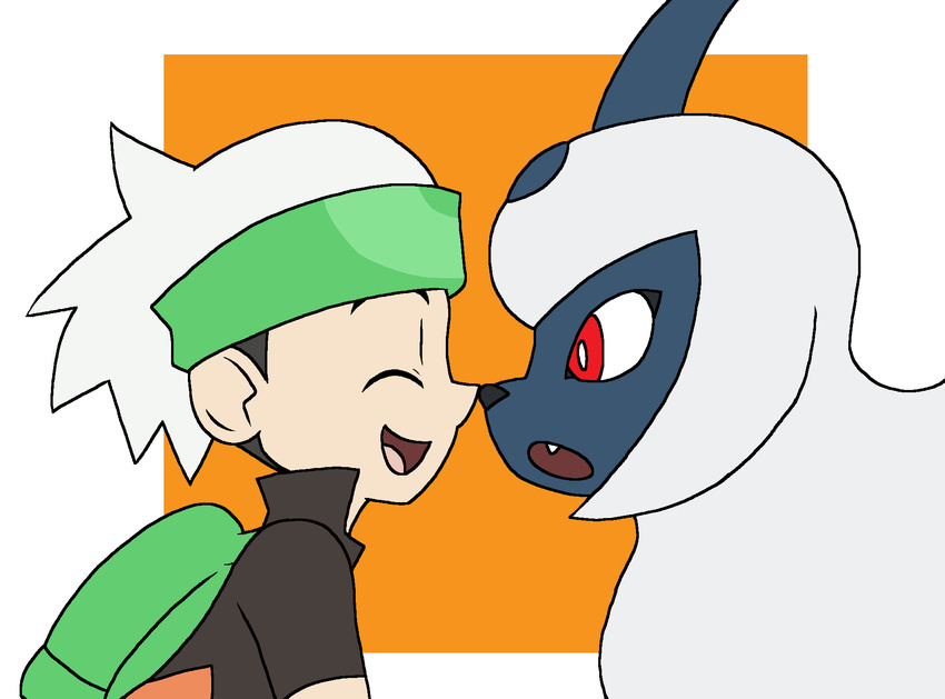 absol ambiguous_gender black_hair blue_skin brendan clothing eskimo_kiss eyes_closed feral fur hair hat hi_res human male mammal nintendo nude open_mouth pok&eacute;mon pok&eacute;mon_trainer praiz red_eyes simple_background smile video_games white_fur