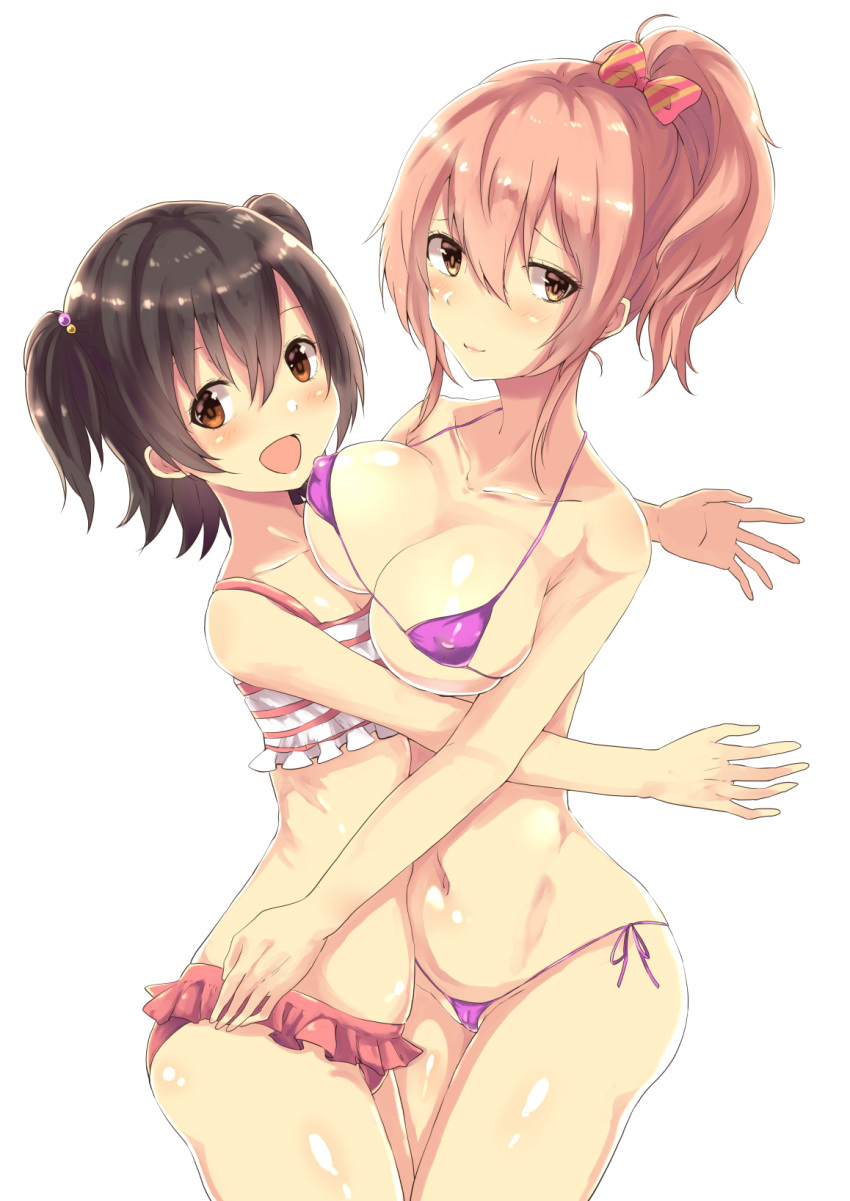 2girls :d asymmetrical_docking bangs bare_arms bare_shoulders bikini black_hair blush bow breast_press breasts brown_eyes character_request closed_mouth collarbone commentary_request cowboy_shot diagonal-striped_bow erect_nipples eyebrows_behind_hair frilled_tankini from_side furrowed_eyebrows hair_between_eyes hair_bow highres idolmaster idolmaster_cinderella_girls large_breasts looking_at_viewer lowleg_tankini micro_bikini multiple_girls nape navel open_mouth owafu pink_hair purple_bikini short_hair side-tie_bikini smile string_bikini swimsuit tankini twisted_torso unaligned_breasts yellow_eyes