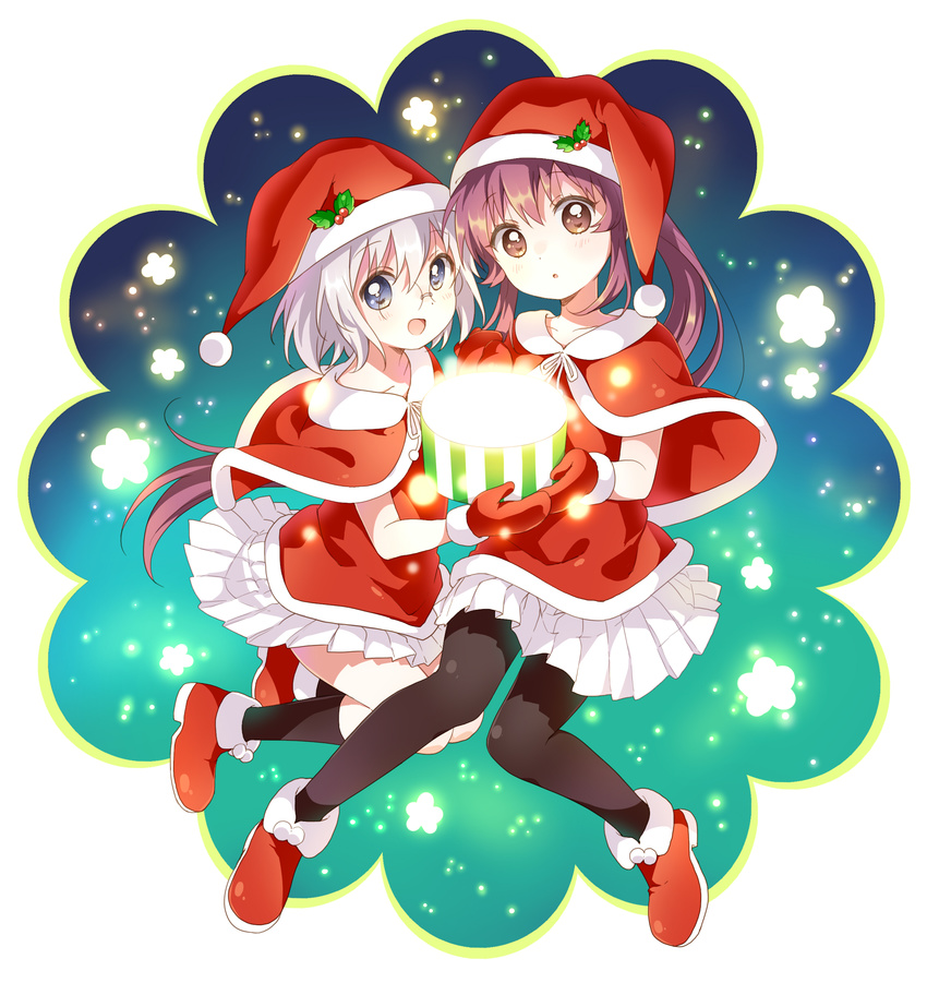 :d :o bangs black_legwear blue_eyes boots brown_eyes capelet christmas commentary_request fur-trimmed_capelet fur_trim glasses grey_hair hat highres holding holly ikeda_chitose kneehighs looking_at_viewer mittens multiple_girls namori open_mouth pantyhose pleated_skirt ponytail red_footwear red_hair round_eyewear santa_costume santa_hat skirt smile snowing sugiura_ayano white_skirt yuru_yuri