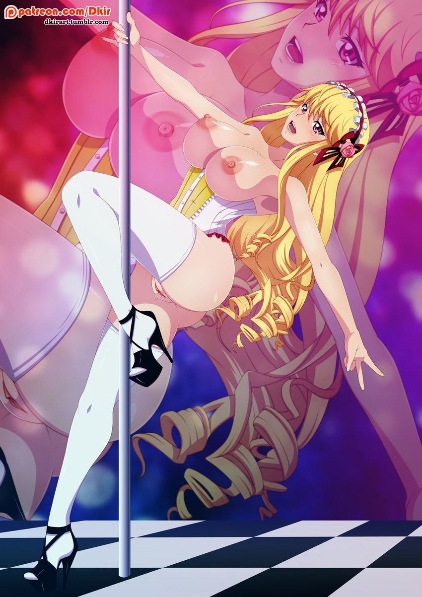 artist_name ass blonde_hair blush bow breasts checkered checkered_floor cinia_pacifica corset dkir drill_hair flower frills hair_ornament high_heels highres large_breasts long_hair looking_at_viewer nipples open_mouth open_toe_shoes patreon_logo patreon_username pink_eyes pole pole_dancing pussy ribbon rose shoes smile solo source_request stripper_pole sword_girls thighhighs tumblr_username underbust underwear watermark web_address zoom_layer