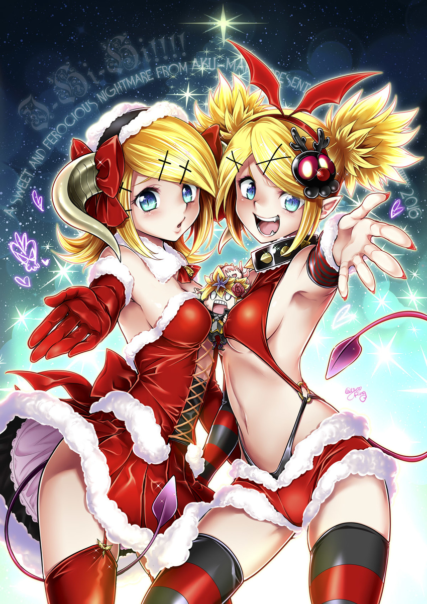 2016 2girls :d :o armpits artist_name bangs bare_shoulders bell between_breasts between_legs black_pants blank_eyes blonde_hair blue_eyes bow breasts chibi christmas collar commentary_request covered_nipples cowboy_shot creature_on_head cross-laced_footwear cross_hair_ornament demon_girl demon_tail detached_sleeves dual_persona elbow_gloves english fake_wings fangs flipped_hair fur_trim garter_straps girl_sandwich gloves gradient gradient_hair hair_bow hair_ornament hairband hairclip hand_on_breast head_wings heart highres horns kagamine_len kagamine_rin kitano_tomotoshi legs_apart light_particles looking_at_viewer medium_breasts miniboy multicolored_hair multiple_girls nail_polish navel o-ring o-ring_swimsuit open_hand open_mouth outstretched_arm palms pants person_between_breasts pleated_skirt pointy_ears pretty_panties_akuma_rin_(vocaloid) red_bow red_gloves red_legwear red_nails red_skirt sandwiched santa_costume shiny shiny_clothes short_shorts shorts sideboob signature skirt skirt_set skull_hair_ornament slit_pupils smile solid_oval_eyes sparkle spiked_collar spikes spread_wings stomach strapless striped striped_legwear swept_bangs swimsuit swimsuit_under_clothes tail tail_between_legs takoluka teeth thighhighs tongue twintails underboob upskirt vocaloid wings x_hair_ornament