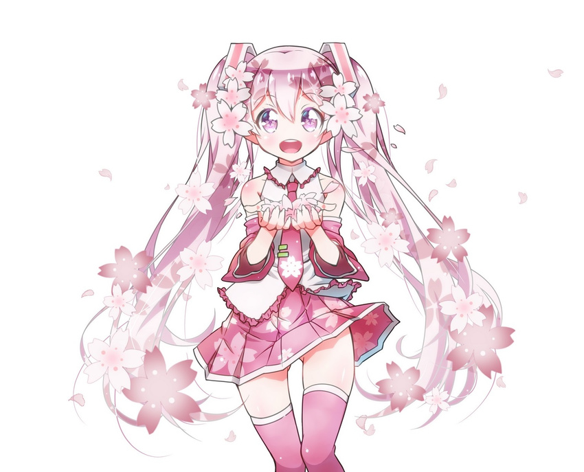 detached_sleeves flower-shaped_pupils fuusen_neko hatsune_miku highres long_hair looking_at_viewer necktie open_mouth petals pink_eyes pink_hair sakura_miku skirt solo thigh_gap thighhighs twintails very_long_hair vocaloid white_background