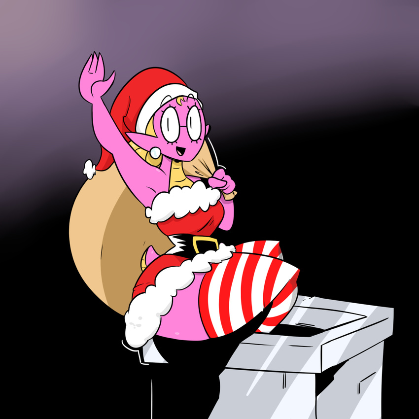 2016 amphibian anthro armpits bangs breasts chimney christmas clothed clothing costume digital_media_(artwork) dress ear_piercing eyelashes eyewear female festive fur_trim gem glasses hair hair_bun hat holidays legwear lizard_tail markings multicolored_scales non-mammal_breasts open_mouth outside pearl_(gem) piercing pink_scales pink_skin pointy_ears r_fingers salamander sally_(scalie_schoolie) santa_costume santa_hat scales scalie scalie_schoolie short_dress simple_background sitting slit_pupils smile solo stockings striped_legwear striped_stockings stripes themanwithnobats thick_thighs two_tone_scales voluptuous waving webcomic wide_hips yellow_skin