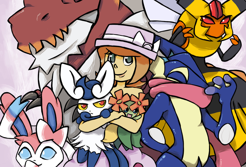 2014 ambiguous_gender bellossom blue_eyes blush carrying eeveelution female freckles greninja group hat human inkyfrog looking_at_viewer mammal meowstic nintendo pok&eacute;mon pok&eacute;mon_trainer red_eyes smile solo sylveon tyrantrum vespiquen video_games