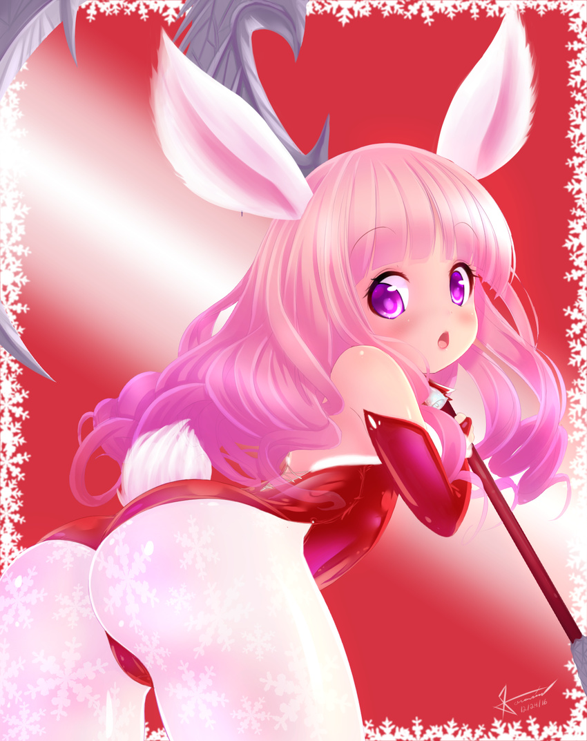 animal_ears ass axe bare_back bare_shoulders blush bunny_ears curly_hair elbow_gloves elin_(tera) from_behind gloves highres leaning_forward leotard long_hair looking_back open_mouth pink_eyes pink_hair red_leotard solo tail tera_online uatemyrice weapon