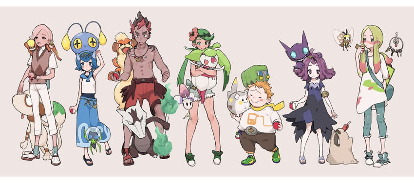 4girls acerola_(pokemon) alolan_form alolan_marowak baggy_pants blonde_hair blue_hair capri_pants charjabug chinchou dark_skin dark_skinned_male dewpider elite_four flipped_hair full_body gen_1_pokemon gen_2_pokemon gen_3_pokemon gen_6_pokemon gen_7_pokemon green_hair growlithe holding holding_poke_ball ilima_(pokemon) kaki_(pokemon) klefki maamane_(pokemon) mao_(pokemon) matsurika_(pokemon) morelull multiple_boys multiple_girls orange_hair paint pants pink_hair poke_ball pokemon pokemon_(creature) pokemon_(game) pokemon_sm ribombee sableye sandals sandygast simple_background smeargle soraco steenee suiren_(pokemon) togedemaru trial_captain white_background yungoos