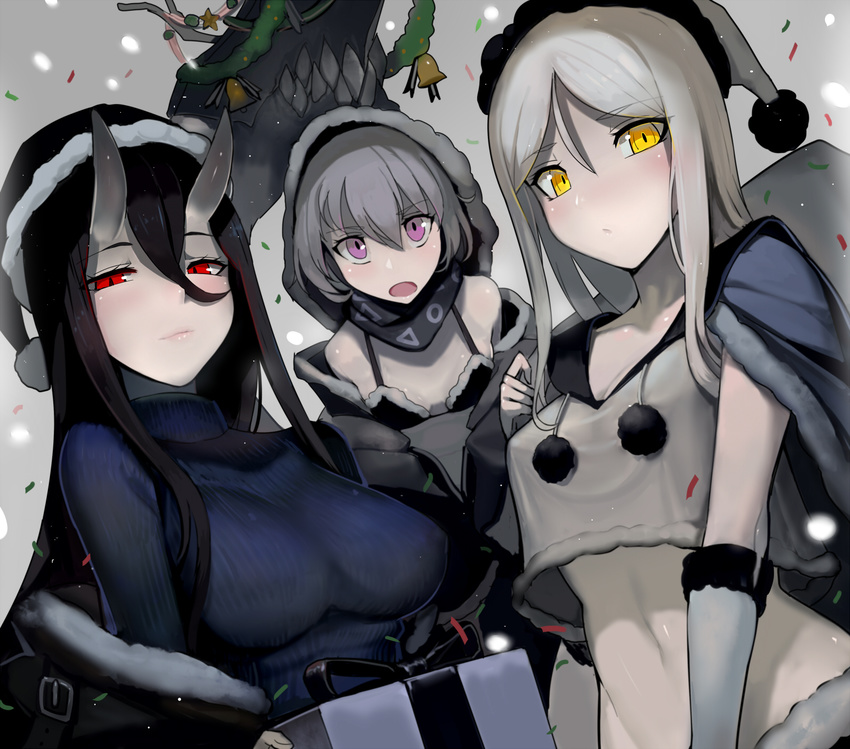 bangs battleship_hime black_hair blush box breasts cape commentary_request gift gift_box glowing glowing_eyes hat highres kantai_collection large_breasts long_hair medium_breasts multiple_girls oni_horns open_mouth pale_skin parted_bangs purple_eyes re-class_battleship red_eyes santa_hat shinkaisei-kan short_hair small_breasts sweater ta-class_battleship walzrj yellow_eyes