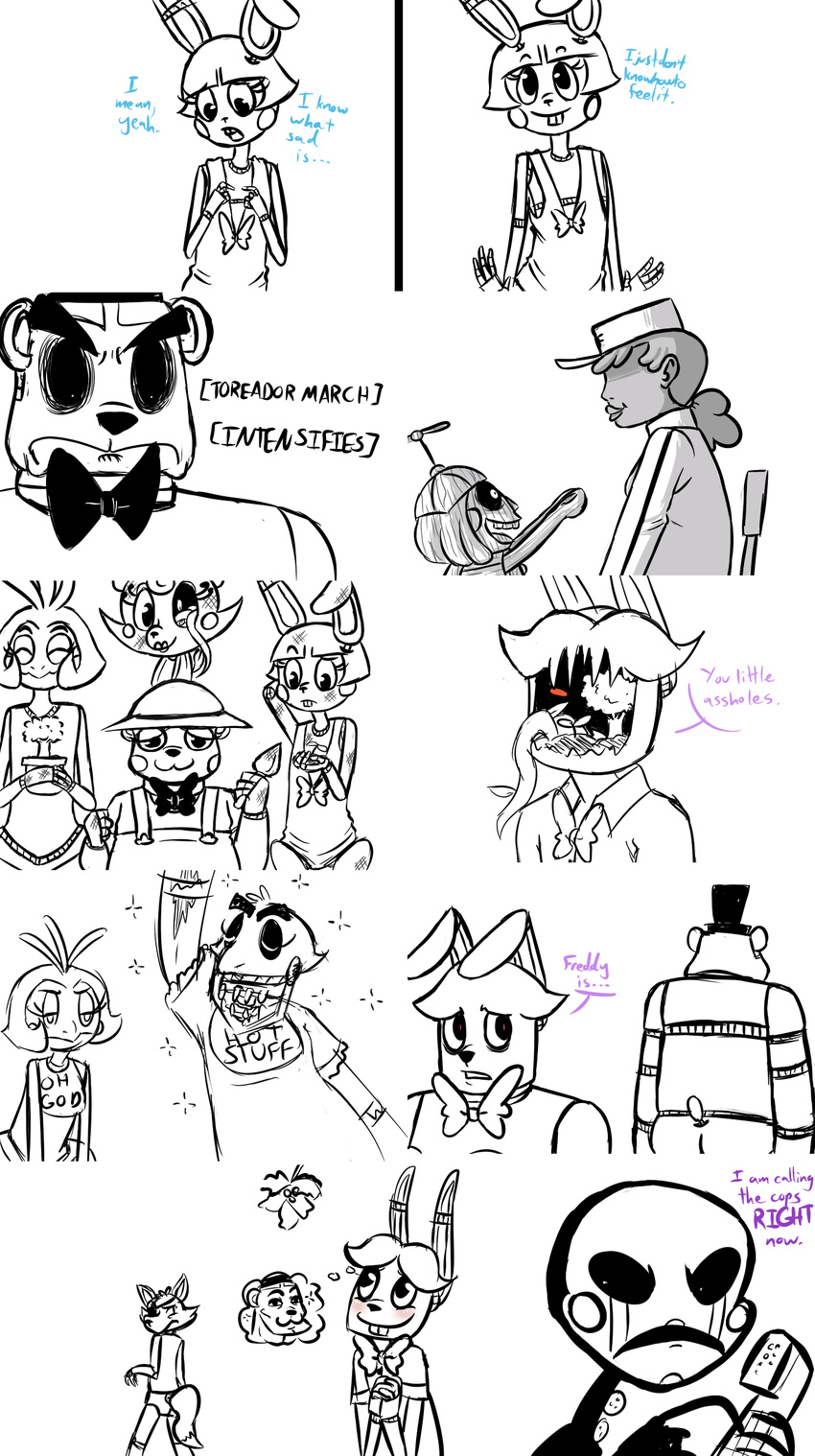 2015 animatronic anthro avian balloon_boy_(fnaf) bear bib bird blush bonnie_(fnaf) bow_tie buckteeth canine chica_(fnaf) chicken clothing dialogue dirty english_text eye_patch eyewear female five_nights_at_freddy's five_nights_at_freddy's_2 fox foxy_(fnaf) freddy_(fnaf) gardening group hat human humanoid inkyfrog lagomorph looking_at_viewer machine male mammal mangle_(fnaf) marionette_(fnaf) mistletoe overalls phone plant rabbit restricted_palette robot sapling simple_background smile teeth text top_hat toy_bonnie_(fnaf) toy_chica_(fnaf) toy_freddy_(fnaf) tree trowel video_games vines white_background withered_bonnie_(fnaf) withered_chica_(fnaf)