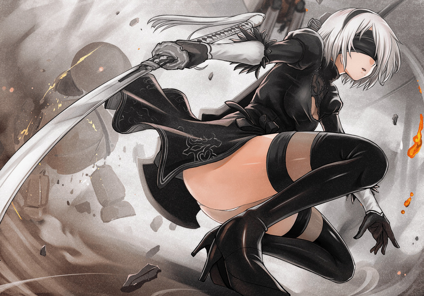 ass black_dress black_footwear black_legwear blindfold boots dress gloves high_heel_boots high_heels mole mole_under_mouth nier_(series) nier_automata parted_lips pod_(nier_automata) short_hair solo squatting sword tea_(nakenashi) thigh_boots thighhighs thighs weapon white_hair yorha_no._2_type_b