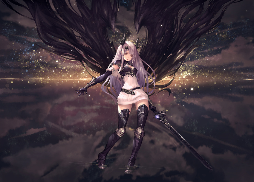 arm_at_side armor armored_boots backlighting bangs belt black_gloves black_legwear black_wings boots breastplate breasts cleavage cloud cloudy_sky dark_angel_olivia dress elbow_gloves fantasy gloves glowing granblue_fantasy hair_ornament high_heel_boots high_heels highres holding holding_sword holding_weapon horizon horns legs_apart lens_flare light_particles long_hair looking_at_viewer medium_breasts outdoors pauldrons red_eyes reflection ribbed_sweater ripples shingeki_no_bahamut short_dress silver_hair sky solo spread_fingers standing sweater sweater_dress sword tachikawa_mushimaro thigh_boots thighhighs vambraces very_long_hair wading water weapon white_dress white_sweater wings zettai_ryouiki