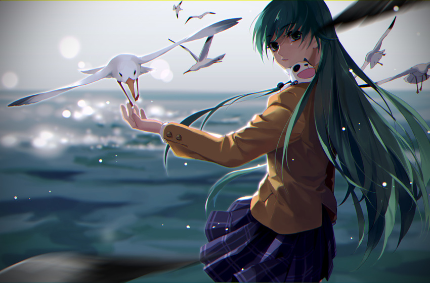 alice_carroll aria backlighting bird blazer blurry bokeh cat depth_of_field flock green_eyes green_hair jacket long_hair looking_at_viewer looking_back ocean president_maa school_uniform seagull skirt yoeah