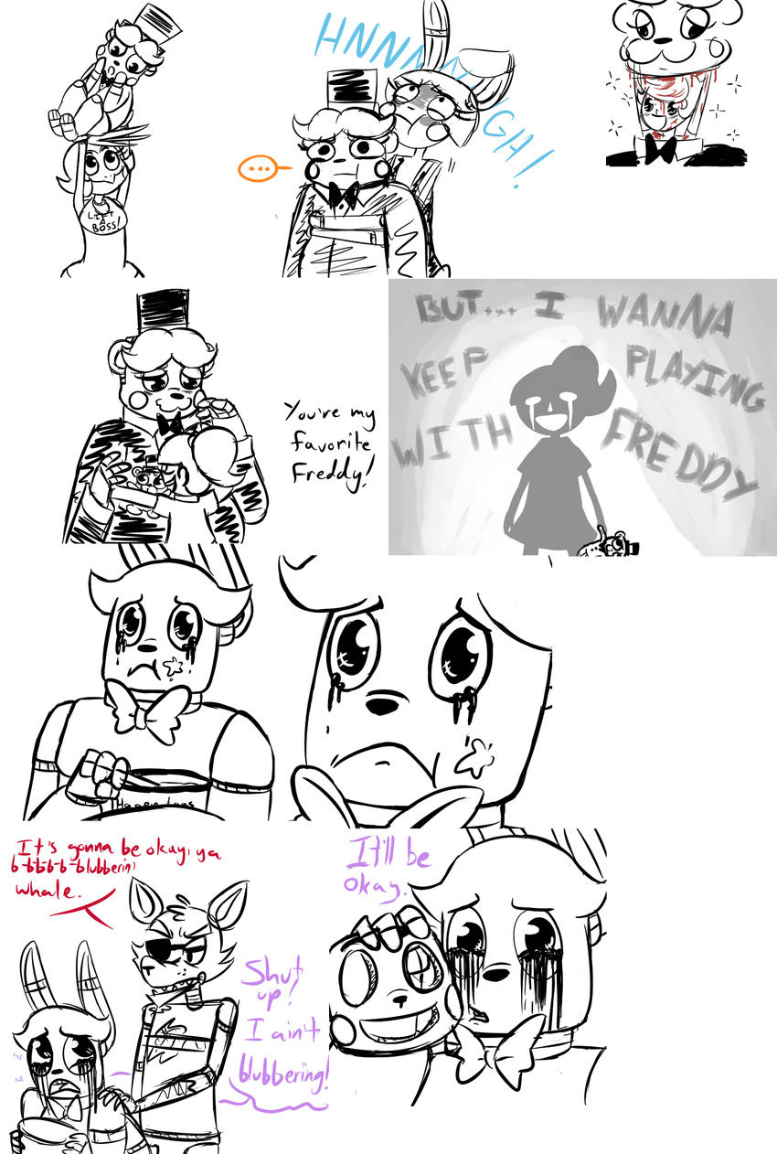 2015 animatronic anthro avian bear bib bird blood bonnie_(fnaf) bow_tie canine carrying chicken crying dessert dialogue english_text eye_patch eyewear female five_nights_at_freddy's five_nights_at_freddy's_2 food fox foxy_(fnaf) group hat hug human ice_cream inkyfrog lagomorph machine male mammal mask plushie rabbit restricted_palette robot simple_background smile tears text top_hat toy_bonnie_(fnaf) toy_chica_(fnaf) toy_freddy_(fnaf) video_games white_background