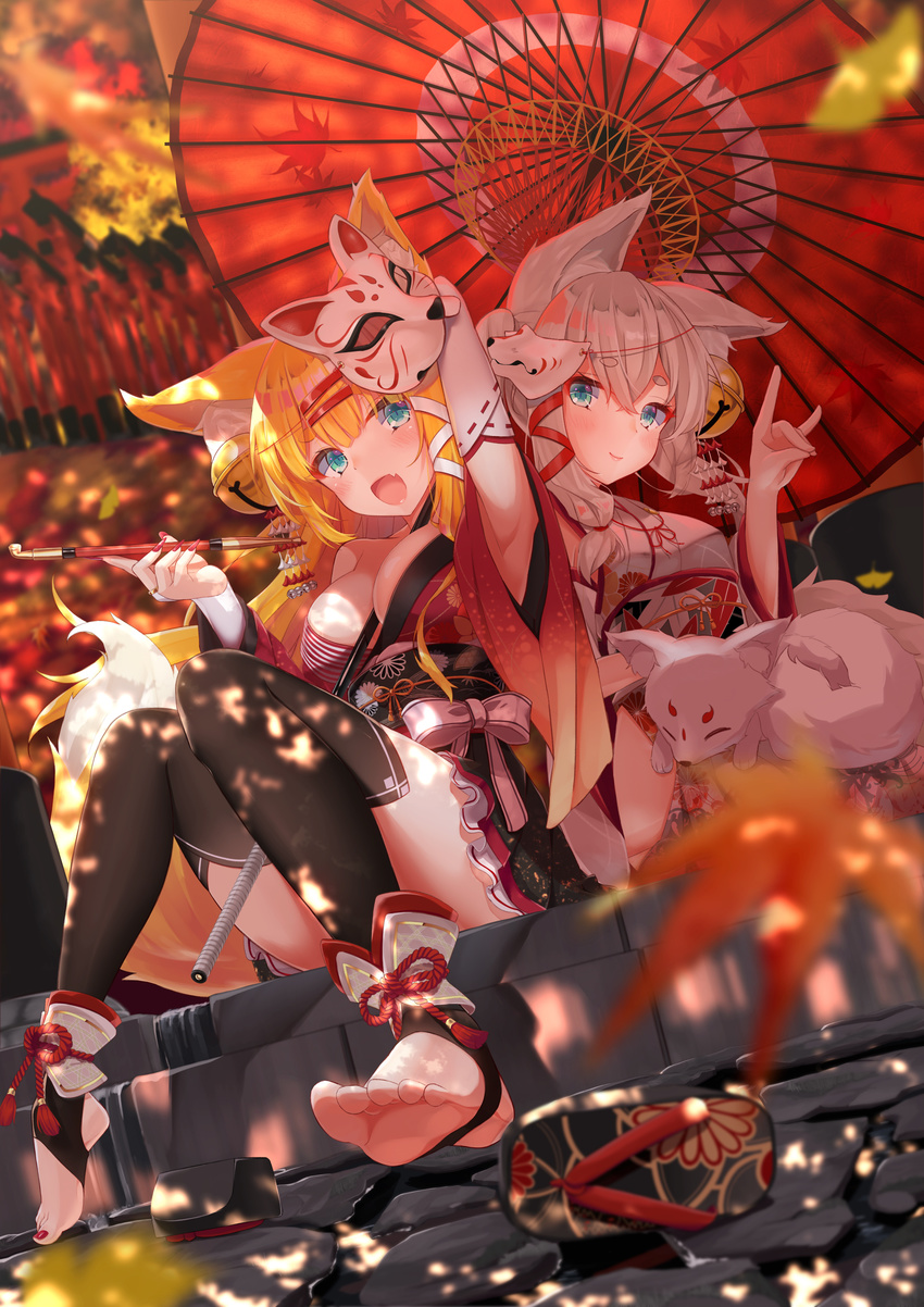 :d absurdres animal_ears ankle_cuffs anklet autumn_leaves barefoot black_legwear blonde_hair blue_eyes blurry breasts cleavage commentary_request depth_of_field fang feet fox fox_girl fox_mask fox_shadow_puppet geta grey_hair highres japanese_clothes jewelry kiseru kitsune large_breasts leaf maple_leaf mask mirea multiple_girls open_mouth oriental_umbrella original parasol pipe smile soles thighhighs toeless_legwear toenail_polish toes umbrella