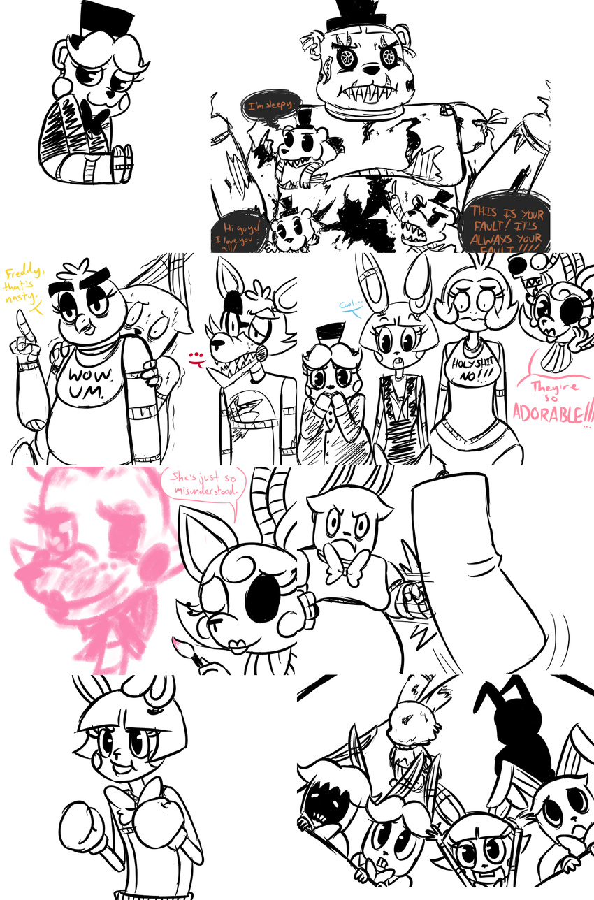 2015 animatronic anthro avian bear bib bird bonnie_(fnaf) bow_tie boxing_gloves canine chica_(fnaf) chicken dialogue english_text eye_patch eyewear female five_nights_at_freddy's five_nights_at_freddy's_2 fox foxy_(fnaf) group hat inkyfrog lagomorph looking_at_viewer machine male mammal mangle_(fnaf) punching_bag rabbit restricted_palette robot shadow_bonnie_(fnaf) shocked simple_background sitting smile springtrap_(fnaf) sweat text top_hat toy_bonnie_(fnaf) toy_chica_(fnaf) toy_freddy_(fnaf) video_games white_background withered_bonnie_(fnaf) withered_freddy_(fnaf)