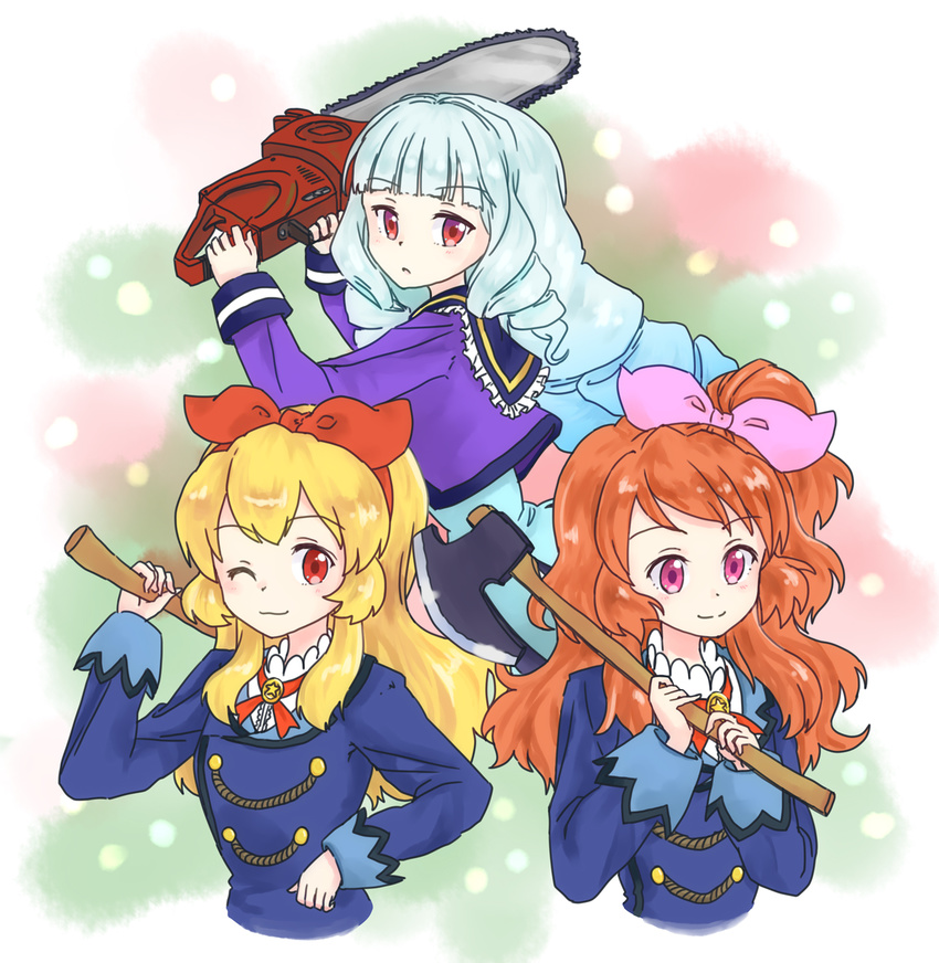 aikatsu! aikatsu!_(series) aikatsu_stars! aqua_hair axe blonde_hair bow brown_hair chainsaw commentary_request drill_hair dromaius hair_bow highres hoshimiya_ichigo multiple_girls oozora_akari pink_eyes red_eyes school_uniform shirogane_lilly starlight_academy_uniform weapon yotsuboshi_academy_uniform