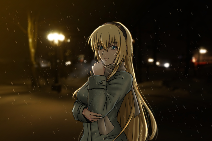 1girl blonde_hair blue_eyes breasts irisdina_bernhard large_breasts long_hair looking_at_viewer muvluv schwarzesmarken smile snow