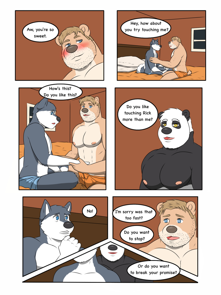 anthro bear biceps canine comic dog facial_hair fur garret husky male mammal nipples panda pecs rain-yatsu rainier rick_(rain-yatsu) seattle_fur