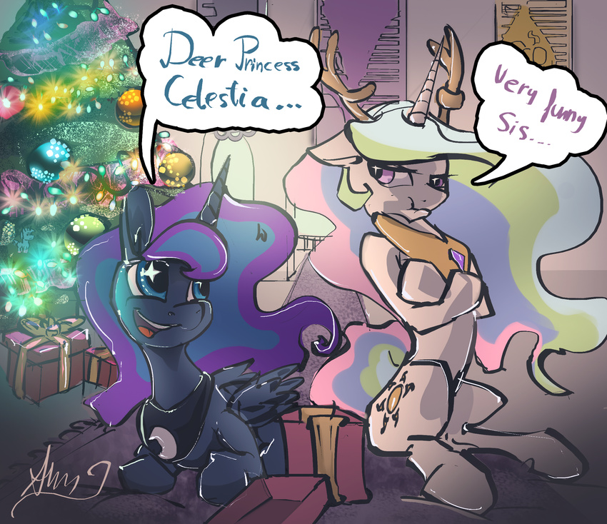 2014 alumx antlers blue_eyes blue_feathers blue_fur blue_hair christmas christmas_tree cutie_mark dialogue duo english_text equine feathered_wings feathers female feral friendship_is_magic fur gift hair holidays horn inside jewelry mammal multicolored_hair my_little_pony necklace princess_celestia_(mlp) princess_luna_(mlp) text tree white_feathers white_fur winged_unicorn wings